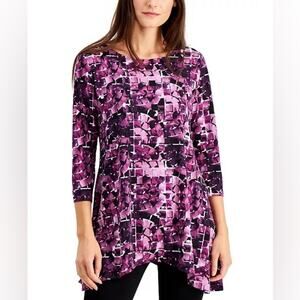 ALFANI | Purple Geometric Print Asymmetrical Hem Knit Tunic Top | Size Small